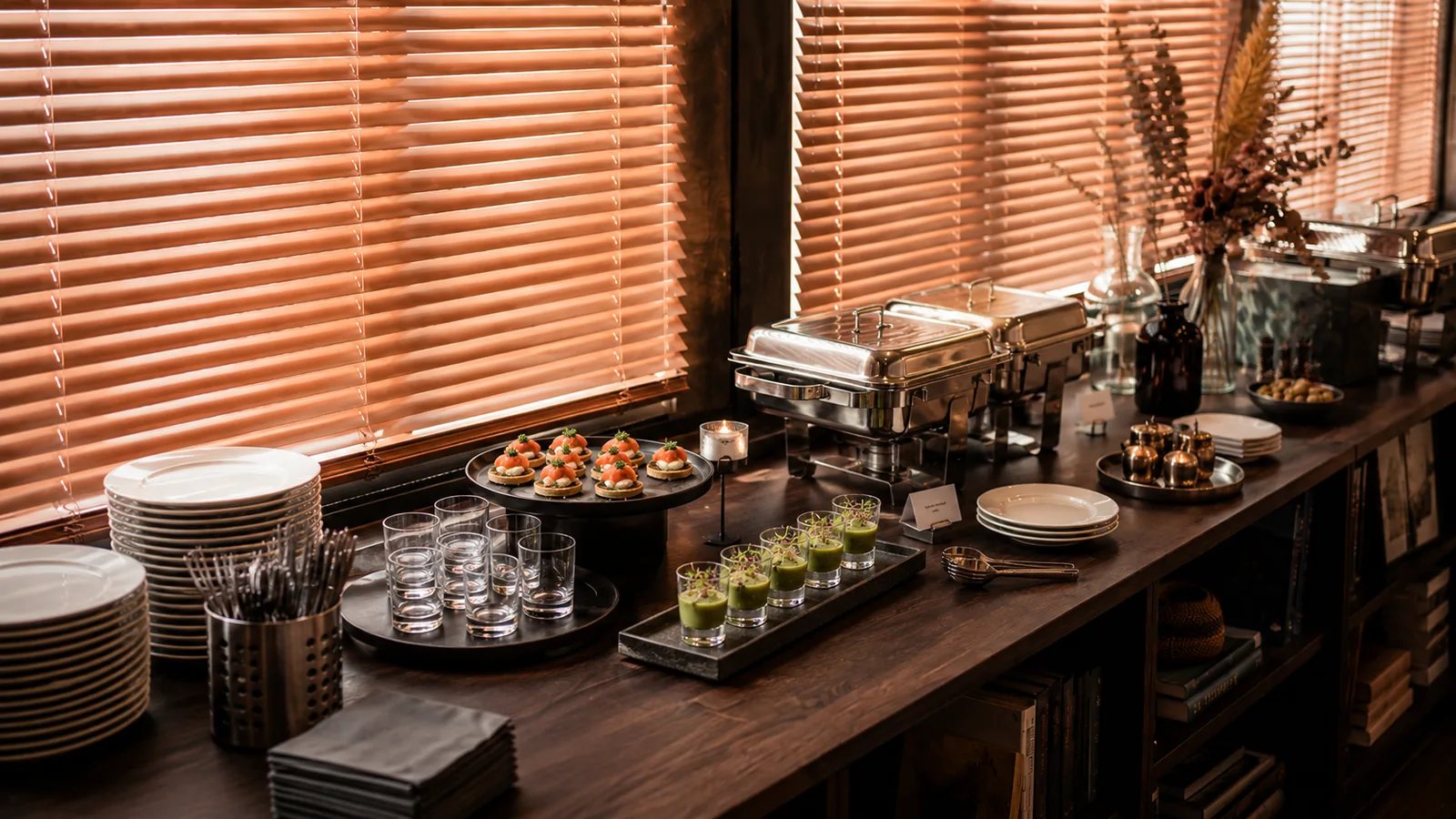 Catering-Buffet mit Fingerfood, Chafing-Dishes und Getränken am Fenster im MeetingSpace2 Düsseldorf