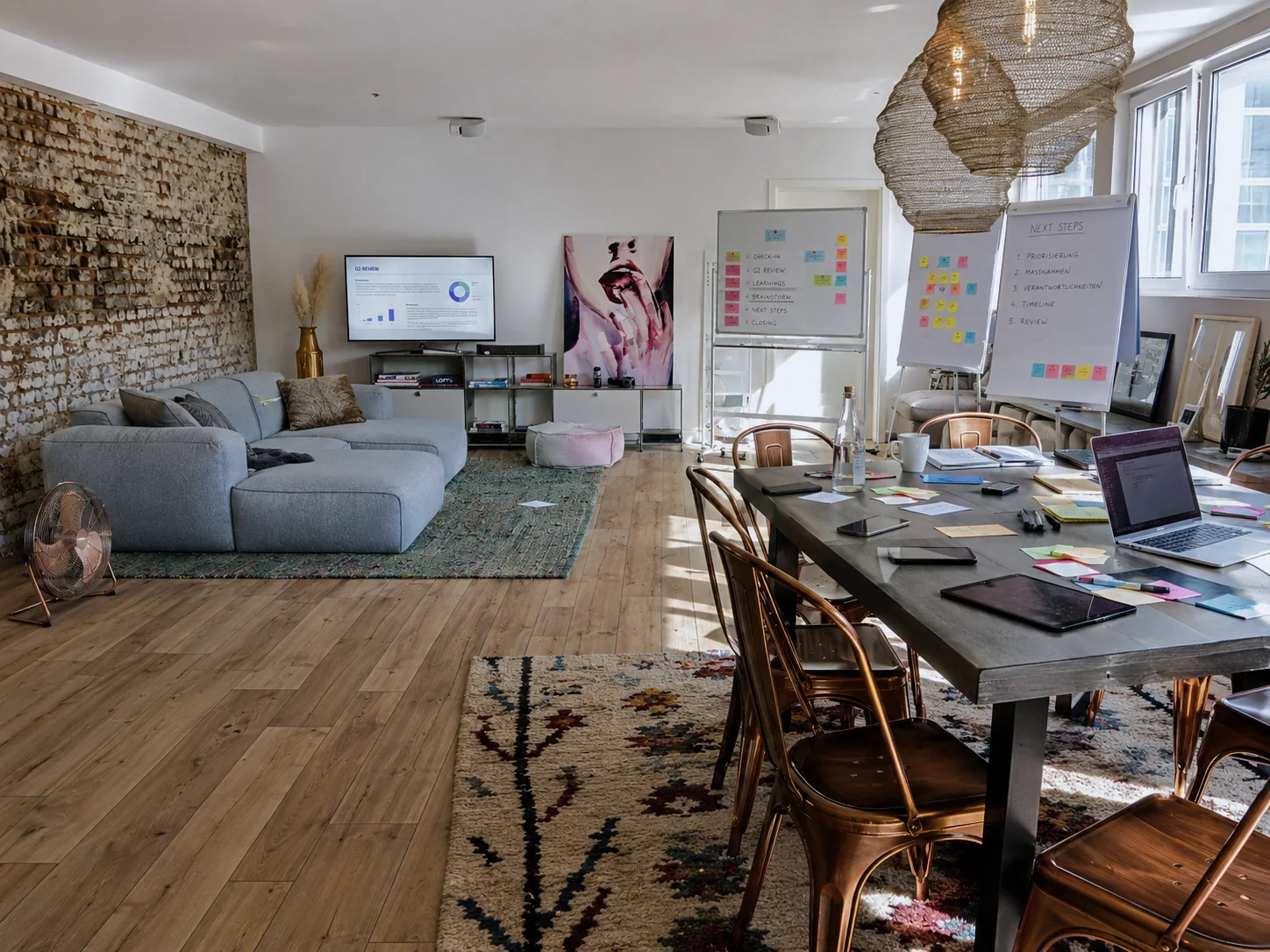 Lounge-Ecke mit Ziegelwand und Workshop-Boards im MeetingSpace2 Düsseldorf-Flingern